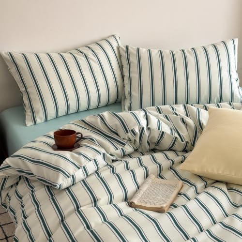 mixinni Retro Green Striped Duvet Cover Set Full Size – Mid Century Vintage Bedding Set, 3 Piece Washed Microfiber Soft Comforter Cover with Zipper & Corner Ties, (1 Duvet Cover + 2 Pillowcases)