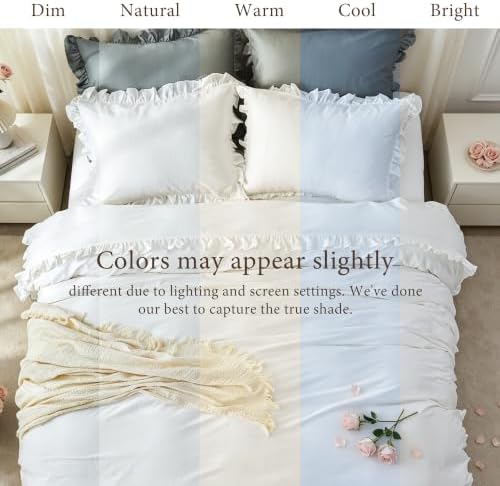 Simple&Opulence Kids 100% Organic Cotton Duvet Cover with Ruffle 104 x 92-3 PCS High End Floral Frill Lace Bedding, Romantic Cottagecore Style Comforter Cover with 2 Pillowcases, White King