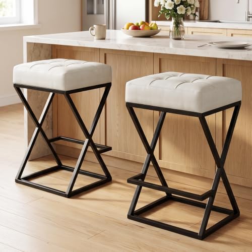 Bar Stools Set of 2, 26 Inch Counter Height Faux Leather Cream White