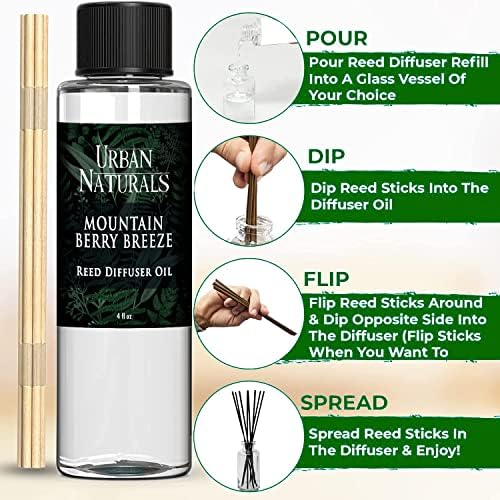 Urban Naturals Reed Diffuser Oil Refill, Mountain Berry Breeze Diffuser Oils with Juniper, Jasmine, Apple, 4 oz + Free Reed Sticks, Made in the USA