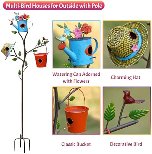 3-in-1 Metal Bird Houses for Outside with Pole, Colorful Birdhouse on Stake