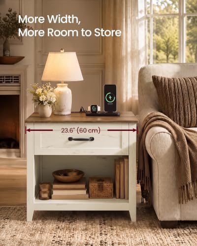 VASAGLE Farmhouse Nightstand with Charging Station, Drawer and Open Shelf