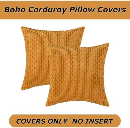 Kevin Textile Soft Corduroy 16x16 Inch Pillow Covers 2 Pack, Gold Yellow