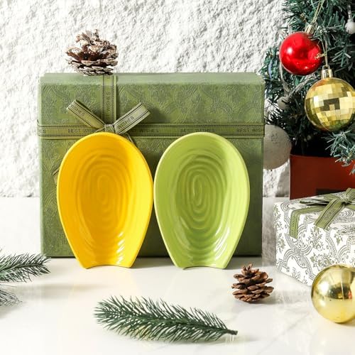 Hasense Spoon Rest for Stove Top, Ceramic Yellow and Green Spoon Holder for Kitchen Counter, Large Stable Heat-resistant Utensil Rest for Spatula Ladles Tongs, Home Kitchen Decor, 2 PCS