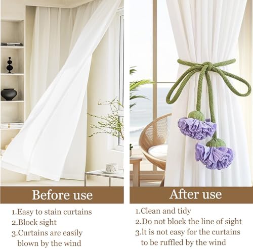 Handmade Curtains Tiebacks, Boho Flower Curtain Tie Backs Curtain Holder Tie Backs for Curtains Braided,Cute Flower Curtain Ties Decorative Rope for Bedroom Window Treatment (Purple)