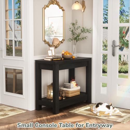 Besiost Farmhouse End Table, Narrow Side Table, Slim End Table with Storage Shelf, Small Console Table for Small Spaces, Nightstand Sofa Table for Living Room, Bedroom, 24" Embossed Wood Grain Black