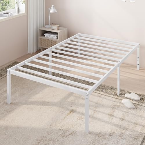 Allewie Twin Bed Frame, 18 Inch Metal Beds with Storage Space, White