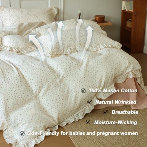 Vintage Flower Duvet Cover Set Muslin Cotton Queen(90"x90"),Ditsy Floral
