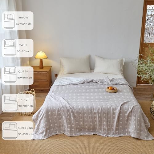 Checkered Flower Muslin Blanket for Sofa 60"×80" Grey/Off White