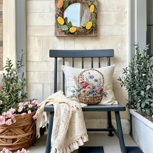 7COLORROOM 2Pack Pink Flower Pillow Covers Outdoor Garden Decoration Cushion Covers Farmhouse Rustic Colorful Spring Flower Home Décor Pillowcases 18x18 inch for Patio Sofa Bed(Pink/Blue,)