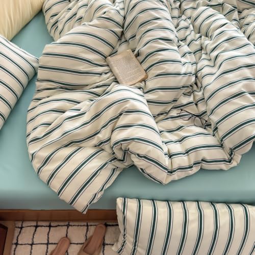 mixinni Retro Green Striped Duvet Cover Set Full Size – Mid Century Vintage Bedding Set, 3 Piece Washed Microfiber Soft Comforter Cover with Zipper & Corner Ties, (1 Duvet Cover + 2 Pillowcases)