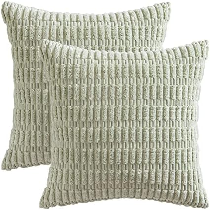 MIULEE Corduroy Decorative Throw Pillow Covers 20x20 Light Green Pack of 2