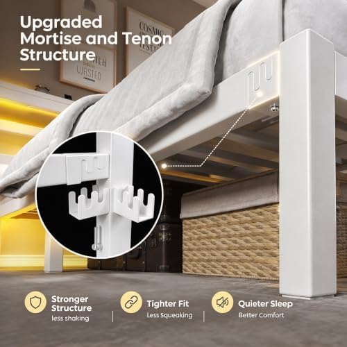 Full Bed Frame with Charging Station and LED Lights Headboard, White