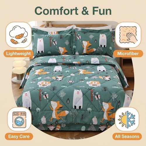 JSD Green Forest Animal Kids Comforter Set Queen Size
