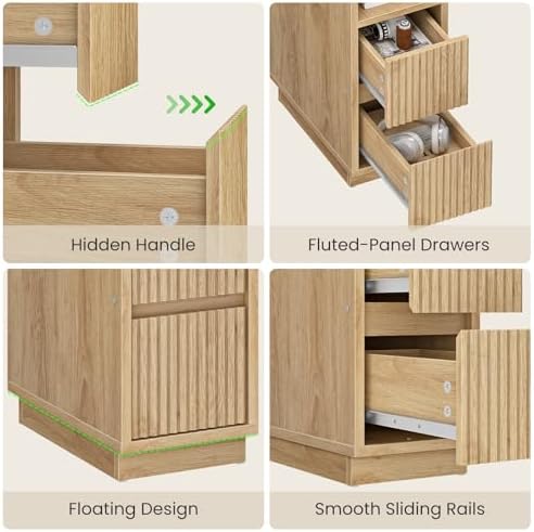 CHOEZON 8.7" Narrow Fluted Nightstand, Small Bedside Table with Drawers, Skinny Side Table, Modern Nightstand with 1 Semi-Open Shelf, Floating End Table, for Living Room, Bedroom, Natural MBZ12NL