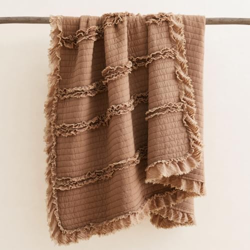 Ultra Soft Pre-Washed Warm Quilted Throw Blanket, Orange Brown Ruffle Fringed Boho Decorative Throw, Stone Washed Chic Rustic Blanket for Sofa Couch Bed Chair, 50"x 60"