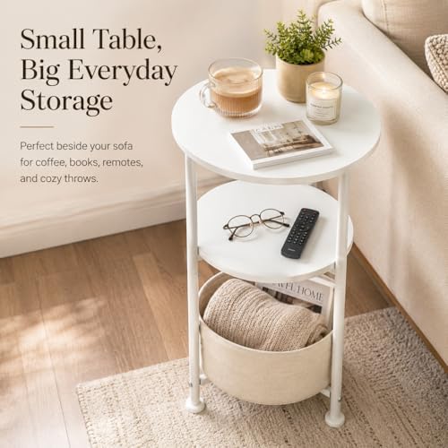 3-Tier Small Round Side Table with Storage Basket, White