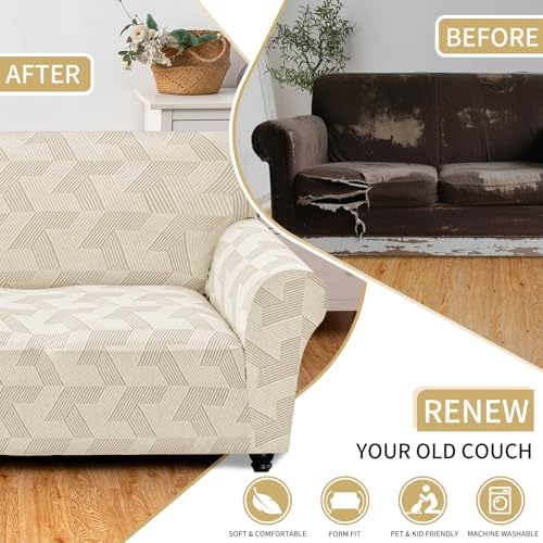 JIVINER 1 Piece Couch Cover for 2 Cushion Couch, High Stretch Loveseat Covers with Elastic Bottom, Washable Sofa Slipcovers for Dog, Pets Feature Geometrical Jacquard Fabric (Loveseat, Beige)