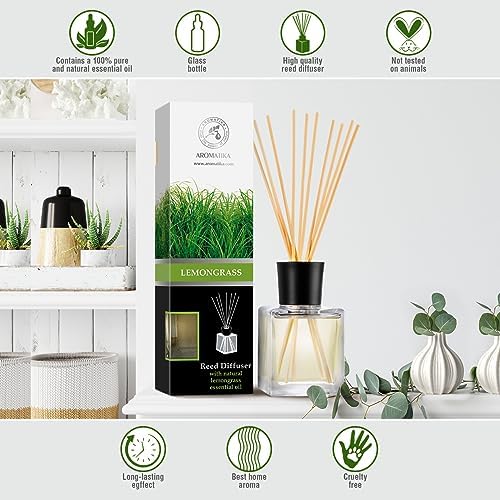 Room Fragrance Diffuser Lemongrass 6.8 Fl Oz - 200ml - with Bamboo Sticks - with Pure & Natural Lemongrass Essential Oil - Intensive Room Scent - Diffuser Gift Set