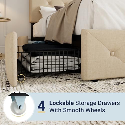 Allewie Full Size Storage Bed Frame with 4 Underbed Drawers, Upholstered Platform Bed with Adjustable Headboard, Diamond Button Tufted, Easy Assembly, Noise-Free, No Box Spring Needed, Beige