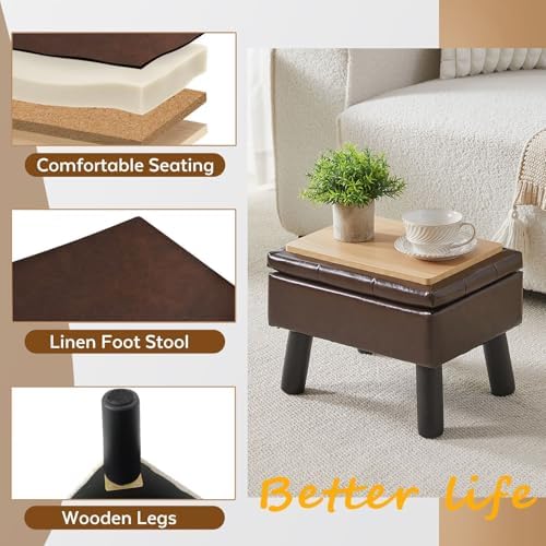 Storage Ottoman, Small Foot Stool Ottoman with Storage, Faux Leather Foot Rest with Wood Legs, Footstool for Living Room, Bedroom, Entryway, Brown