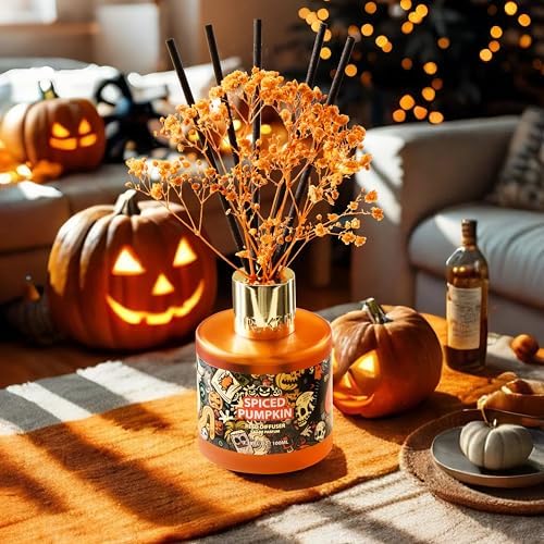 Airkeep Halloween Reed Diffuser Set,3.38 fl oz (100 ml) - Spiced Pumpkin Oil Diffusers with 8 Reed Sticks, Home Fragrance Reed Diffuser for Bathroom Shelf Decor