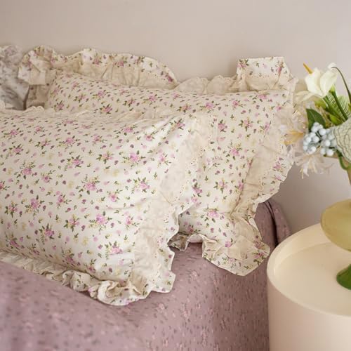 Pink Floral Twin Duvet Cover Cotton Boho Twin Comforter Cover Lace Trim Ruffle Soft Pattern Duvet Cover Set with 2 Pillow Cases Chic Zipper Bedding Set Princess Duvet Protector