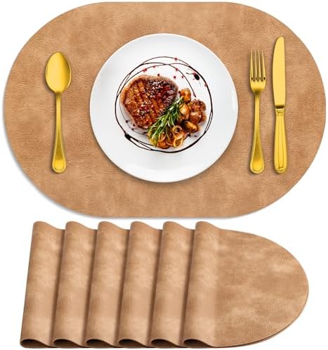 ADRIMER Oval Placemats Set of 6, Wipeable Faux Leather, Camel