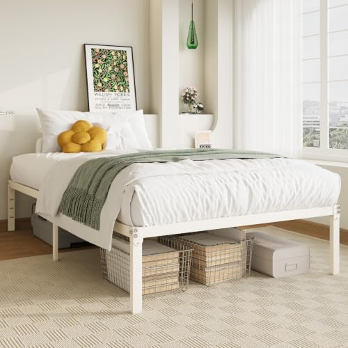 Allewie Twin Bed Frame, 14 inch Metal Beds with Storage Space, Beige