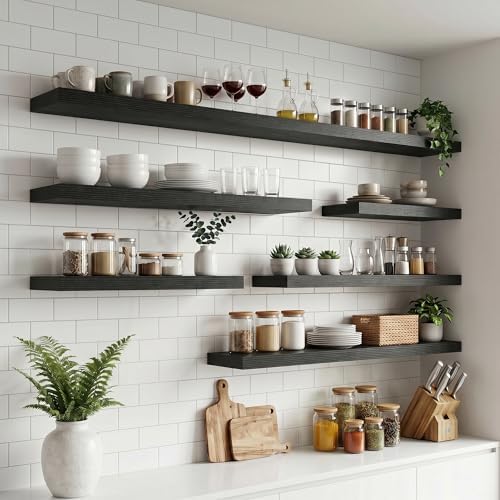 32 Inch Floating Shelves for Wall, 8"D Wood Storage Shelves, Black Finish