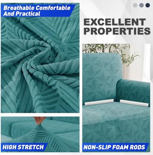 YEMYHOM 1 Piece Stretch Couch Covers for 2 Cushion Couch, Jacquard Loveseat Cover with Non-Slip Elastic Bottom, Thickened Slipcover Furniture Protector for Dogs Pets (Medium, Peacock Blue）