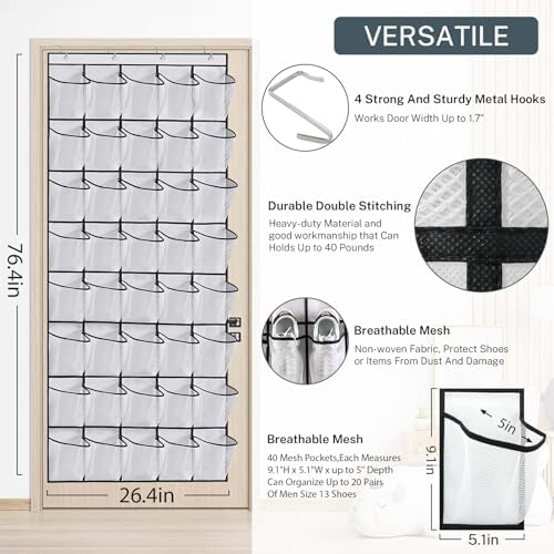40-Pocket Over the Door Shoe Organizer - Large Mesh Pocket Hanging Shoe Organizer,Behind the Door Shoes Storage Holder Hanger (Pink)
