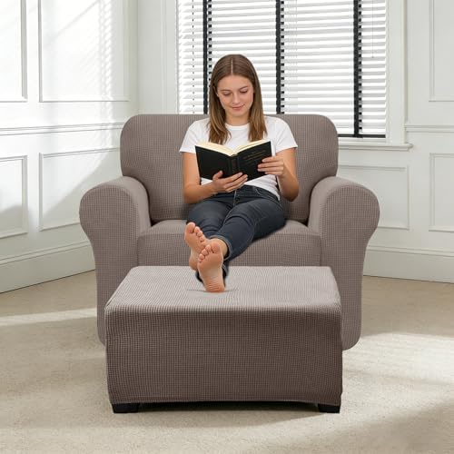 2 Piece Stretch Chair and Ottoman Cover Set, Jacquard Accent Armchair and Foot Stool Slip Cover, Non-Slip Slipcover for Chair with Footrest (Taupe,2 Pieces Set)