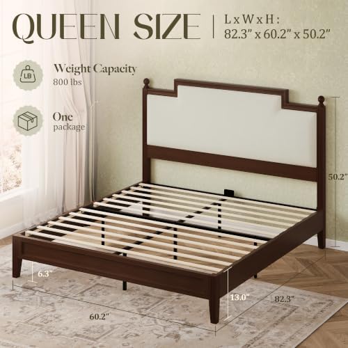 Queen Size Bed Frame with 50.2" Tall Upholstered Headboard, Walnut