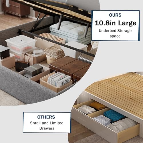 GalnFu Queen Size Bed Frame with Storage, Upholstered Queen Lift up Storage Bed Frame with Charging Station, Button Tufted Headboard, No Box Spring Needed, Easy Assembly, Noise Free, Light Gray