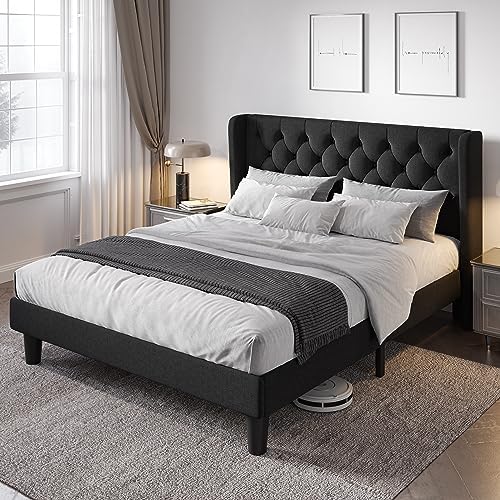 Allewie Full Size Bed Frame with Button Tufted Wingback Headboard, Black