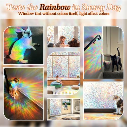 Rainbow Window Privacy Film Decorative, Stained Glass Window Tint for Home, 3D Decals Window Clings for Glass Windows, Static Cling Window Sticker, Suncatcher Window Cover, 35.4 Inch x 157.4 Inch