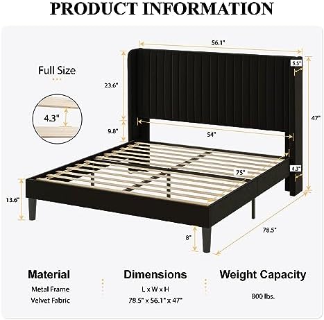 SHA CERLIN Full Size Velvet Bed Frame, Tufted Wingback Headboard, Black