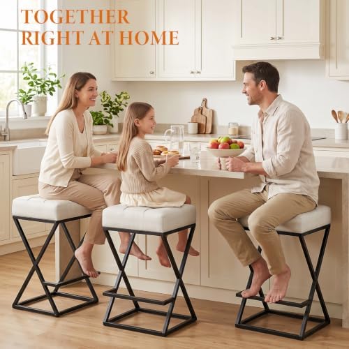 Bar Stools Set of 2, 26 Inch Counter Height Faux Leather Cream White