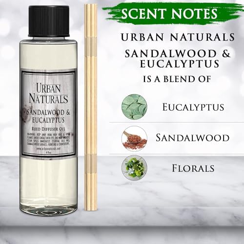 Urban Naturals Reed Diffuser Oil Refill, Sandalwood & Eucalyptus Diffuser Oils with Musk, Herbal Woods, 4 oz + Free Reed Sticks, Made in the USA