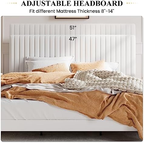 SHA CERLIN King Upholstered Platform Bed Frame with Vertical Channel Tufted Velvet Fabric Adjustable Headboard, Wooden Slats Support, Mattress Foundation, Box Spring Optional, White
