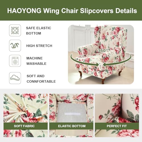 HAOYONG Wing Chair Slipcovers Stretch Wingback Chair Covers Printed 2 Pieces Wingback Armchair Slipcover Elastic Chair Slip Covers Washable Armchair Protector Cover for Living Room and Bedroom