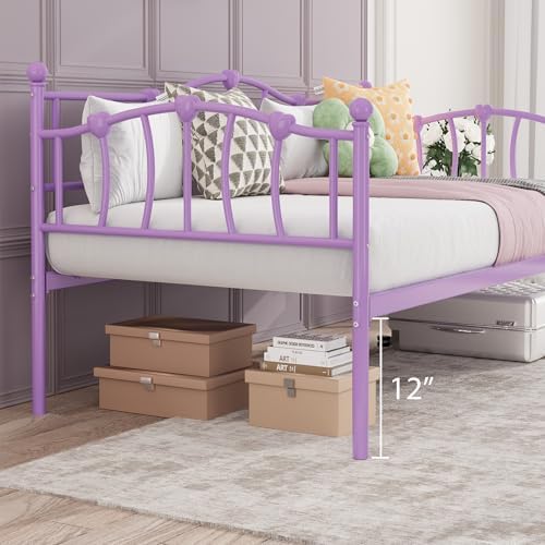 GarveeHome Twin Size Daybed Frame, Sofa Bed with Stylish Headboard, Heavy Duty Steel Slat Support, Space Saving for Living Room/Bedroom/Guest Room, Purple