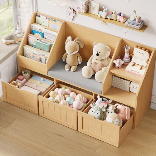 FOTOSOK Kids Bookshelf with Reading Nook, Toy Storage with Seat Cushion