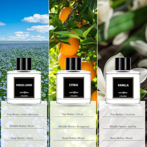 Reed Diffuser Set of 3 Pack,Fresh Linen,Vanilla,Citrus Scented Oil Diffuser with 12 Sticks, Fragrance Reed Diffuser for Home Living Room Bathroom Air Freshener 50mlx3
