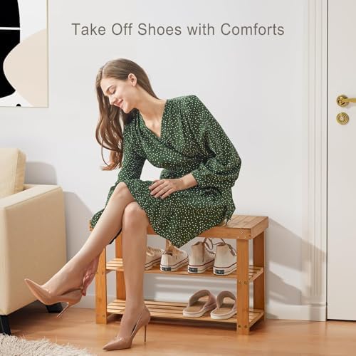 Pipishell 3 Tier Bamboo Shoe Rack Bench for Entryway, Natural