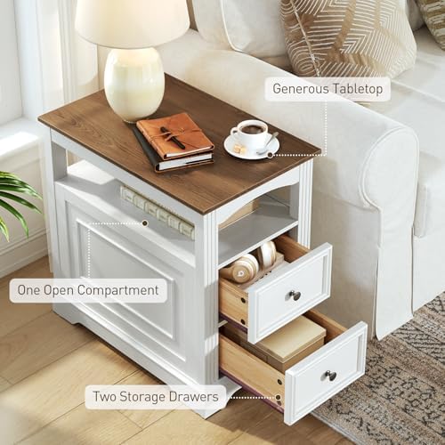 RALGEND Farmhouse End Table with 2 Drawers Set of 2, White and Walnut