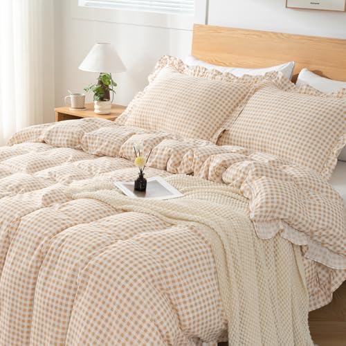 Gingham Duvet Cover Twin Size, 2 Pieces Soft Breathable Microfiber Plaid Duvet Cover with Zipper Closure & 1 Pillow Sham, Ruffle Farmhouse Vintage Decor, Beige