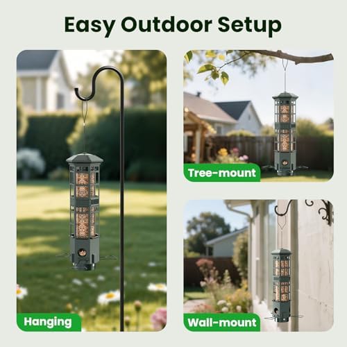 Squirrel Proof Bird Feeder, Chew-Resistant Metal Hanging Bird Feeder for Outdoors Gravity Spring Mechanism, 3 Feeding Ports, 3LB Large Capacity, Weatherproof Design for Wild Birds, Green