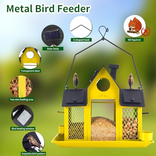 Solar Bird Feeders House for Outside Hanging, Metal Wild Bird Feeder for Outdoors, Large Cardinal Bird Feeder Birdhouses Squirrel Proof (Yellow)